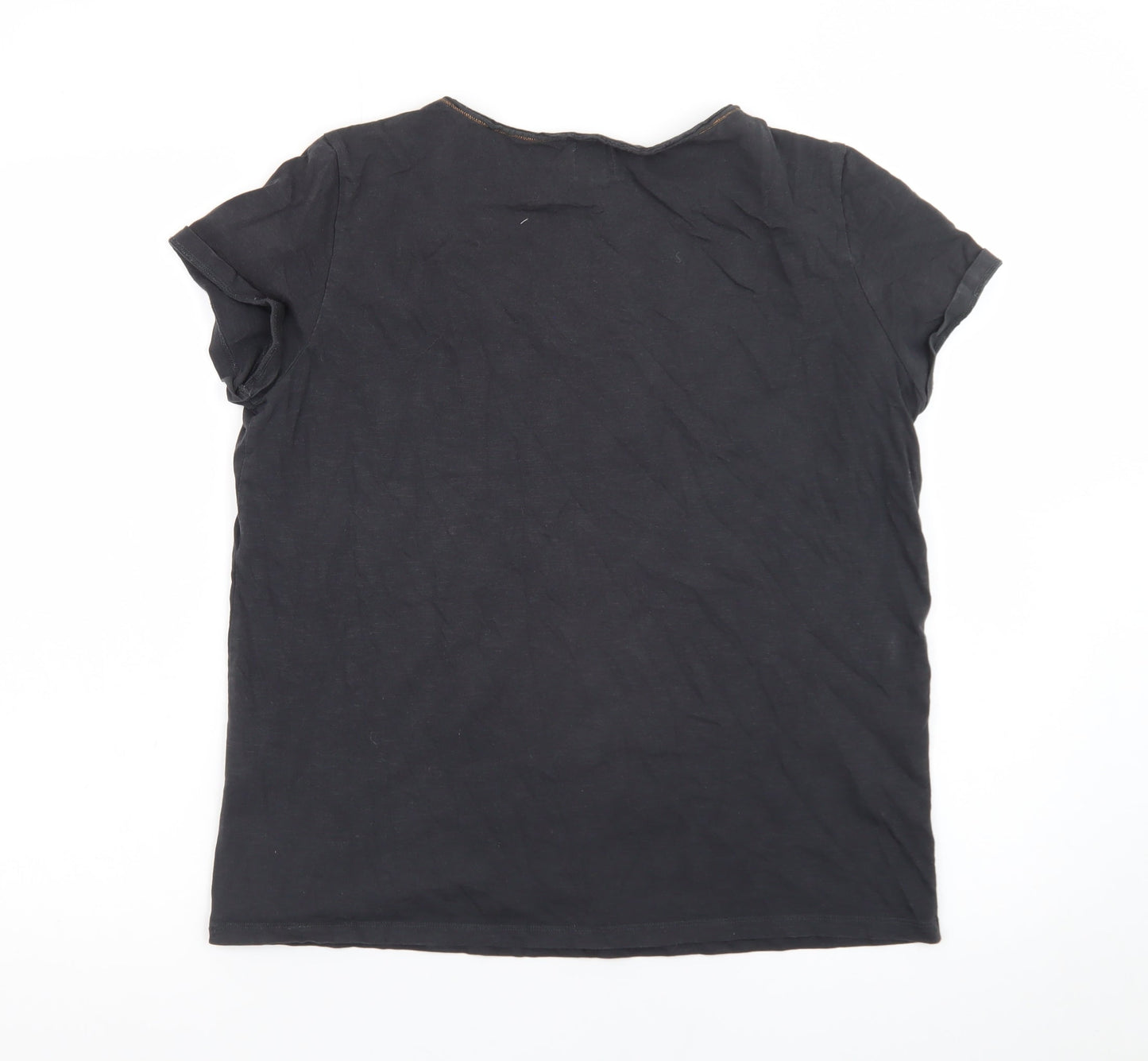Miss Captain Women’s Black Bird Print V-Neck Cotton T-Shirt Size S