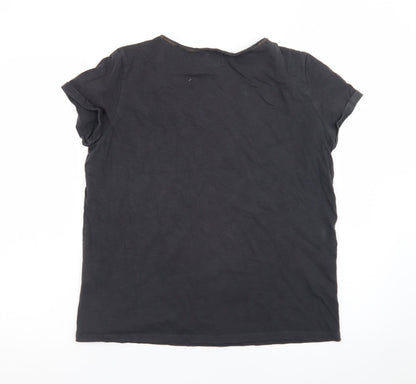 Miss Captain Women’s Black Bird Print V-Neck Cotton T-Shirt Size S