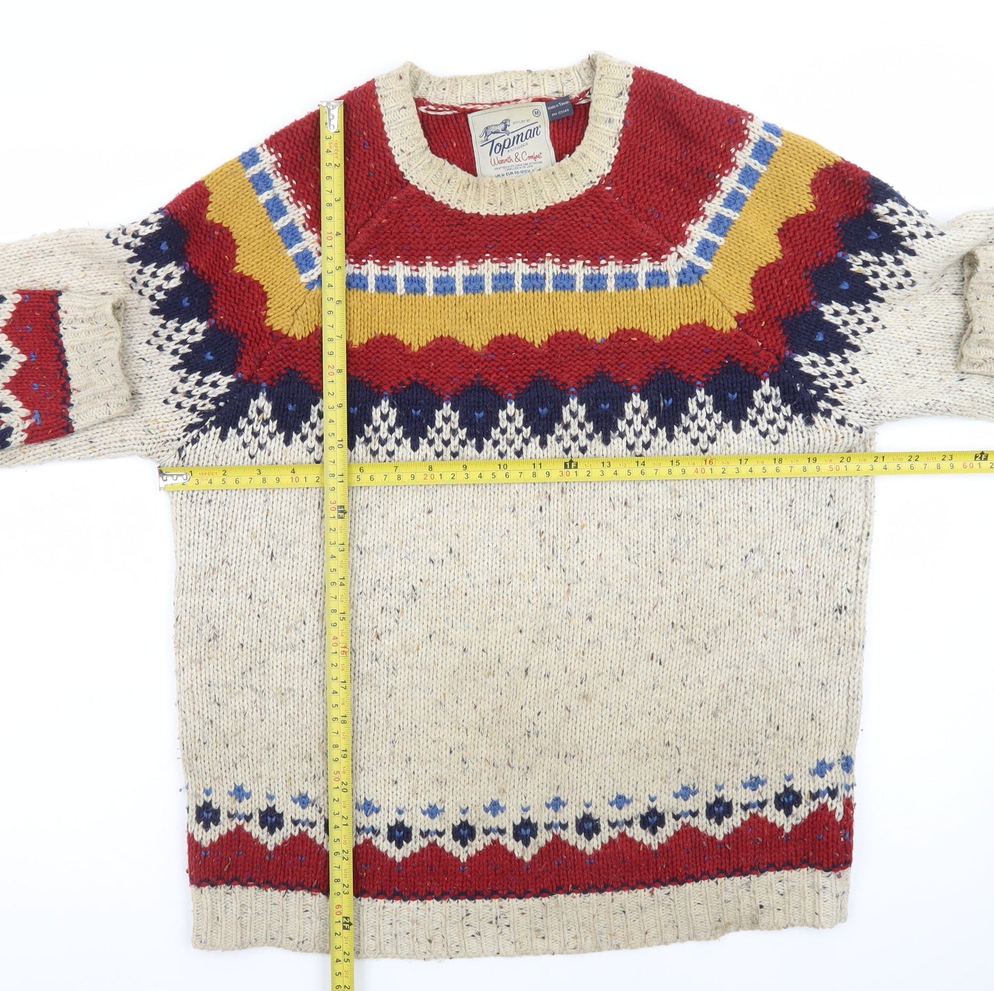 Topman Men's Beige Fair Isle Wool Pullover Jumper Size M