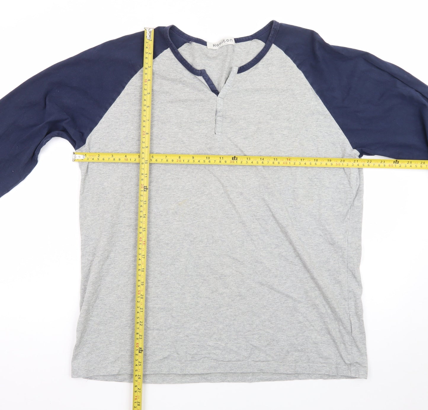 Hawiton Mens Grey Blue Henley Long Sleeve Cotton T-Shirt Size L