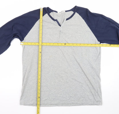 Hawiton Mens Grey Blue Henley Long Sleeve Cotton T-Shirt Size L