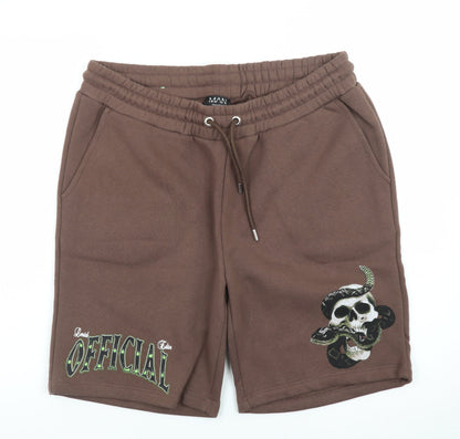 boohooMAN Men’s Brown Skull Graphic Sweat Shorts L Casual