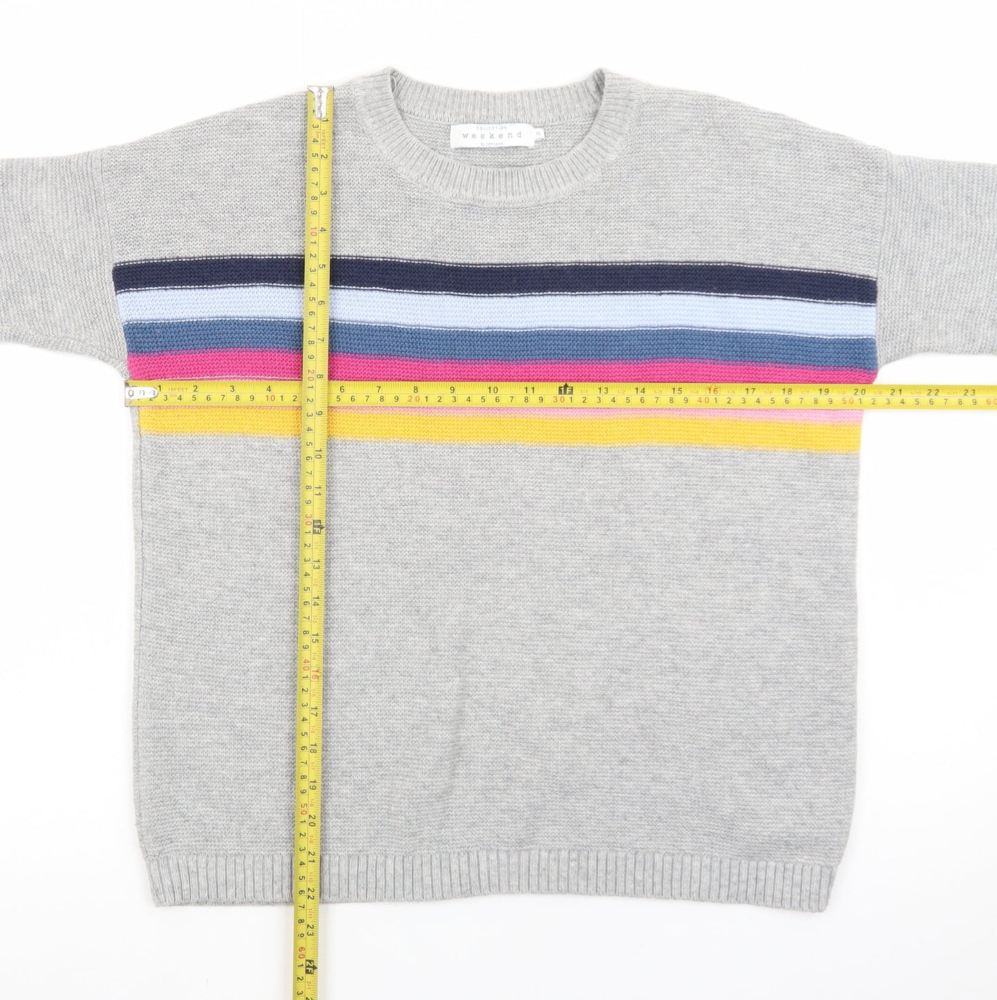 John Lewis Women Grey Striped Wool Cashmere Crew Neck Jumper Size 10