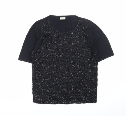 JH Event Women Black Beaded Short Sleeve Pullover Jumper Size 16