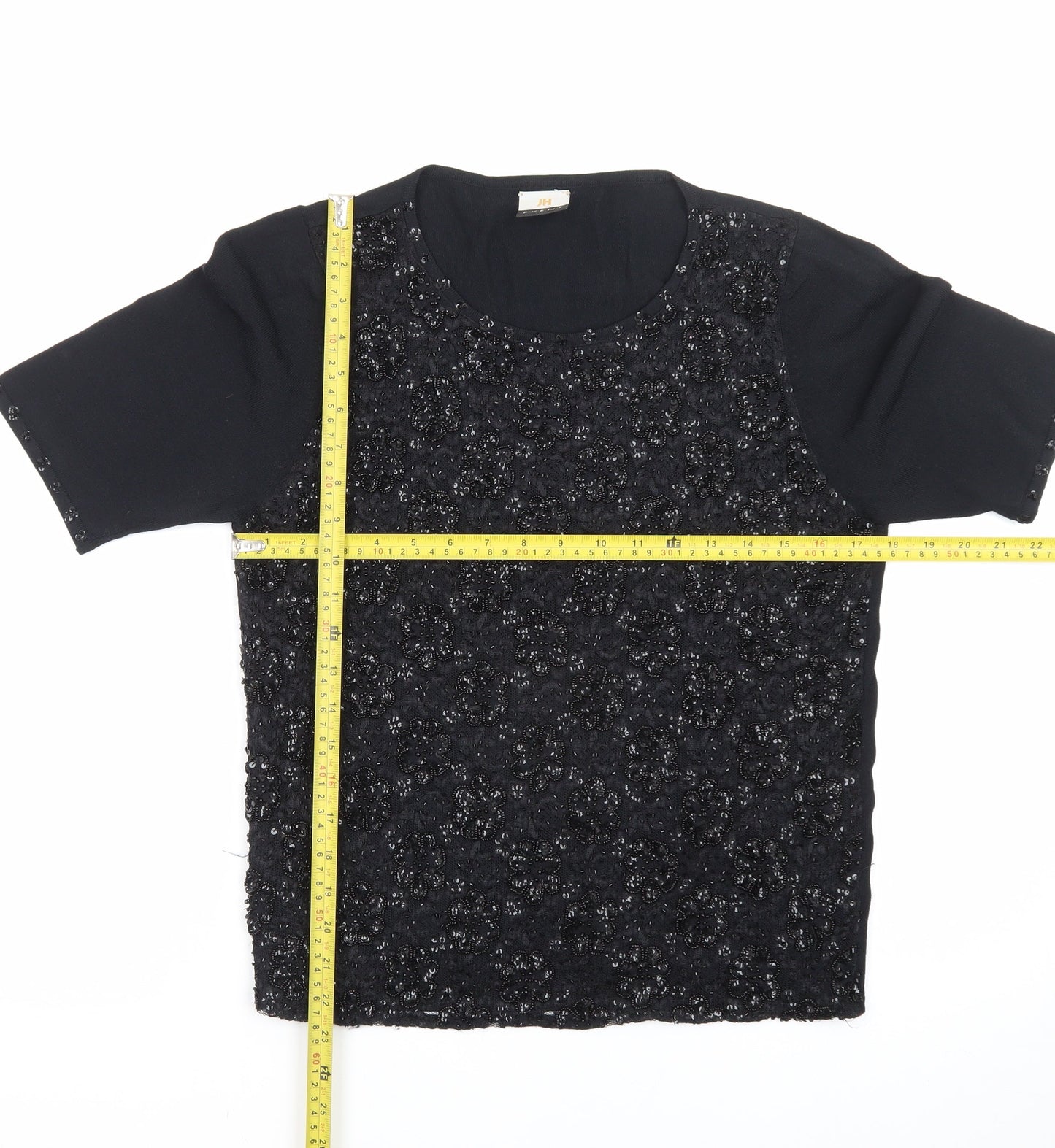 JH Event Women Black Beaded Short Sleeve Pullover Jumper Size 16