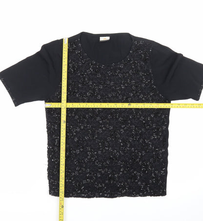 JH Event Women Black Beaded Short Sleeve Pullover Jumper Size 16