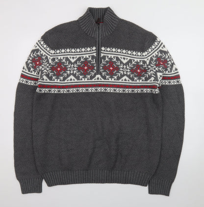 IZOD Men's Grey Fair Isle 1/4 Zip Cotton Jumper Size L