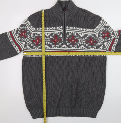 IZOD Men's Grey Fair Isle 1/4 Zip Cotton Jumper Size L