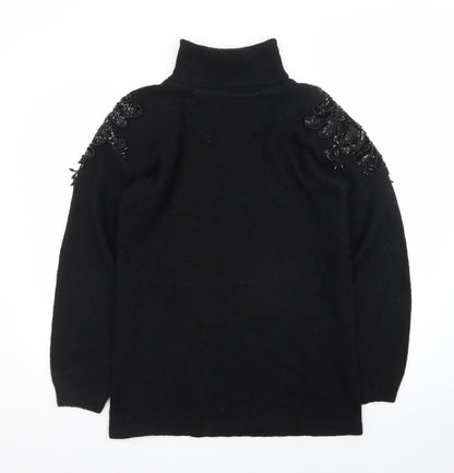 Nilani Women Black Beaded Roll Neck Long Sleeve Sweater Dress M