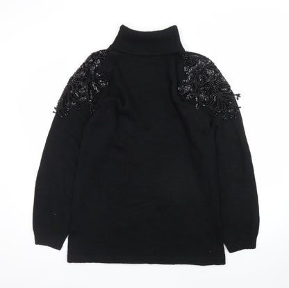 Nilani Women Black Beaded Roll Neck Long Sleeve Sweater Dress M