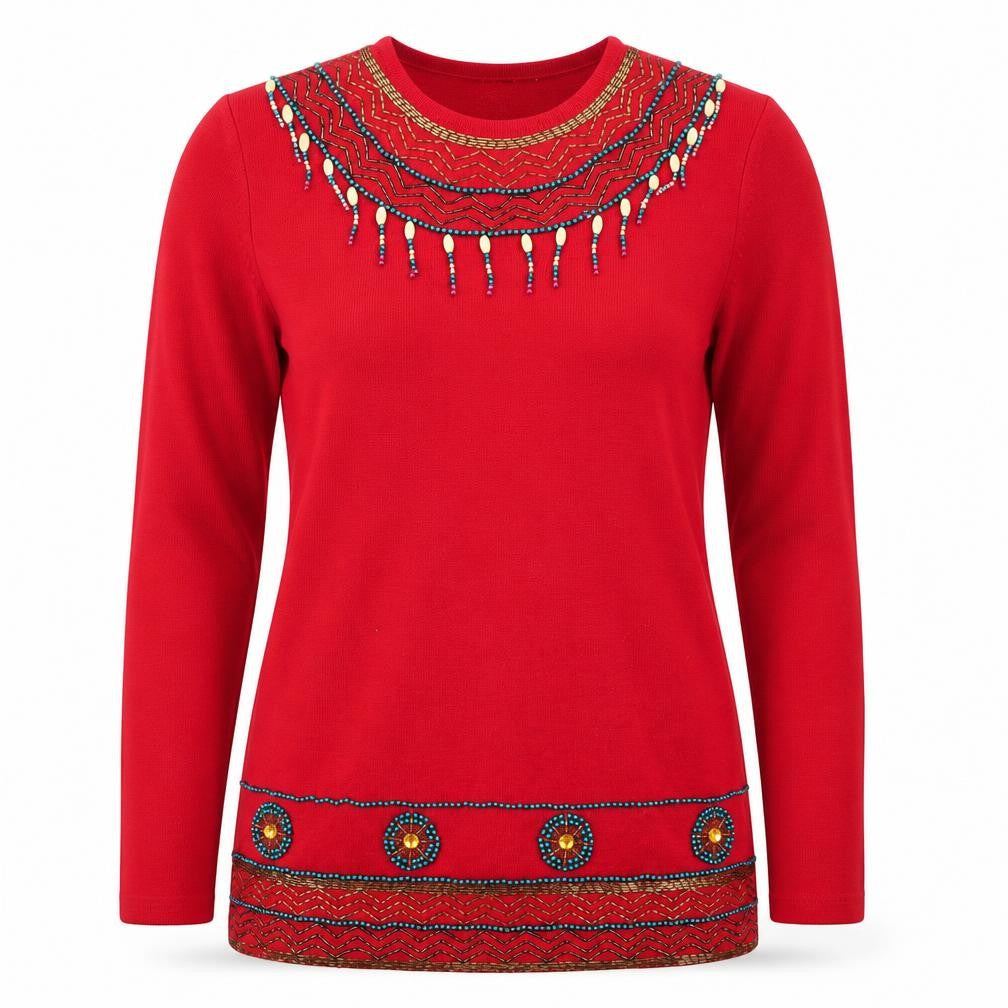 DL McKelvey Womens Red Beaded Wool Acrylic Boho Pullover Jumper M