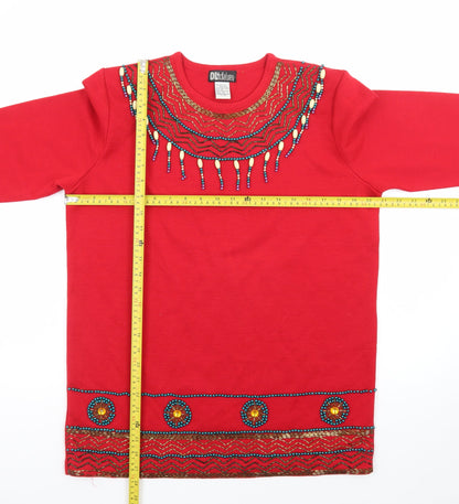 DL McKelvey Womens Red Beaded Wool Acrylic Boho Pullover Jumper M