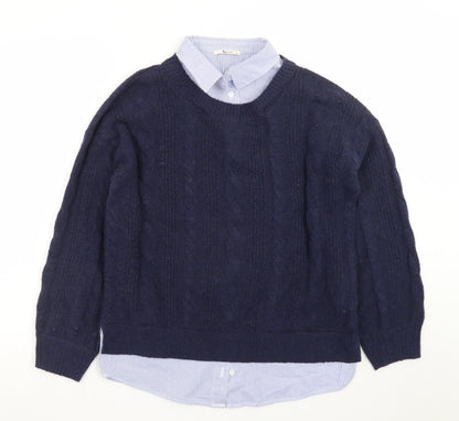 Tu Women Blue Size 8 Cable-Knit Crew Neck Layered Jumper