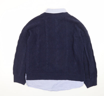 Tu Women Blue Size 8 Cable-Knit Crew Neck Layered Jumper