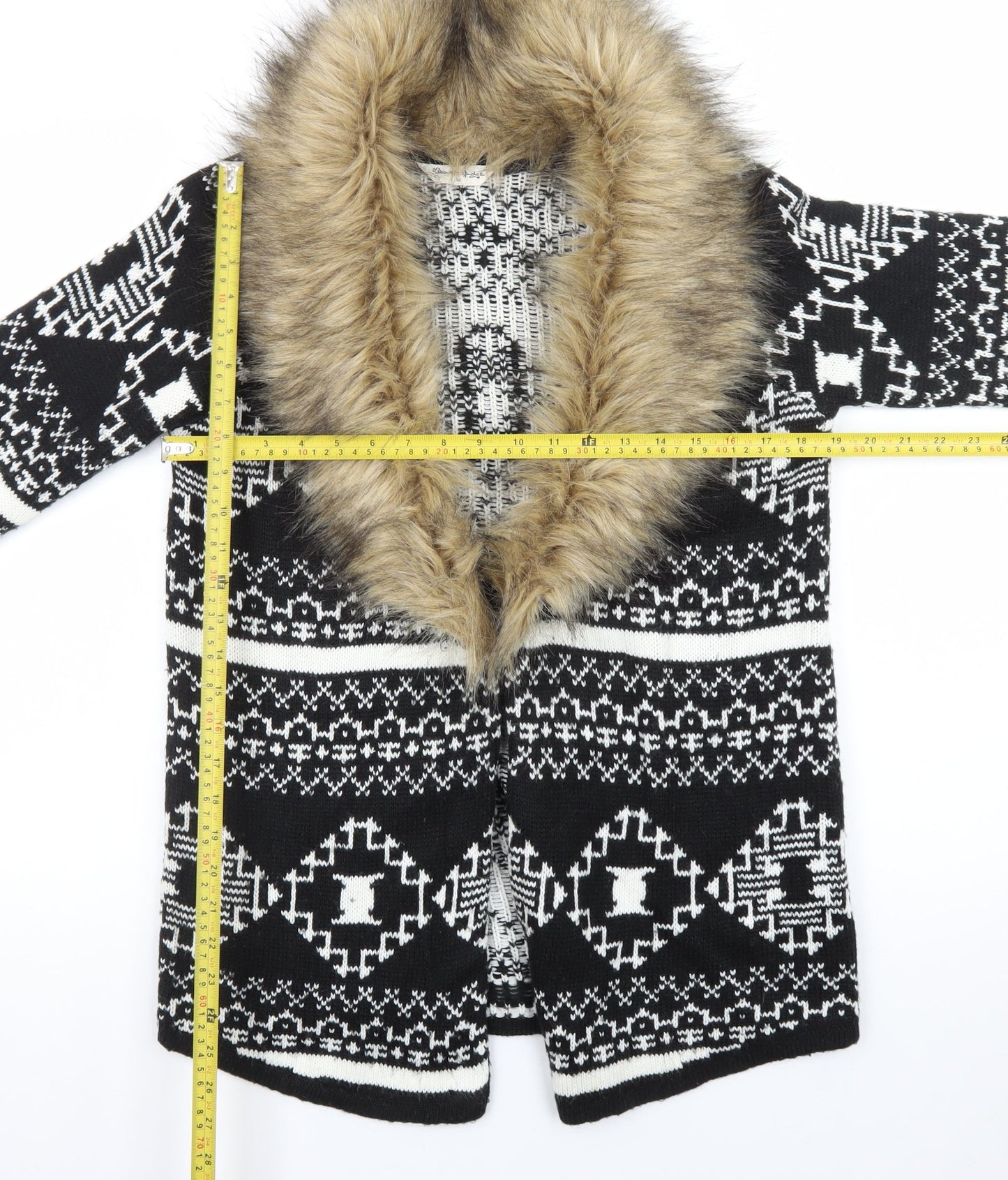 Miss Selfridge Women's Black Aztec Faux Fur Trim Knit Cardigan Size 10