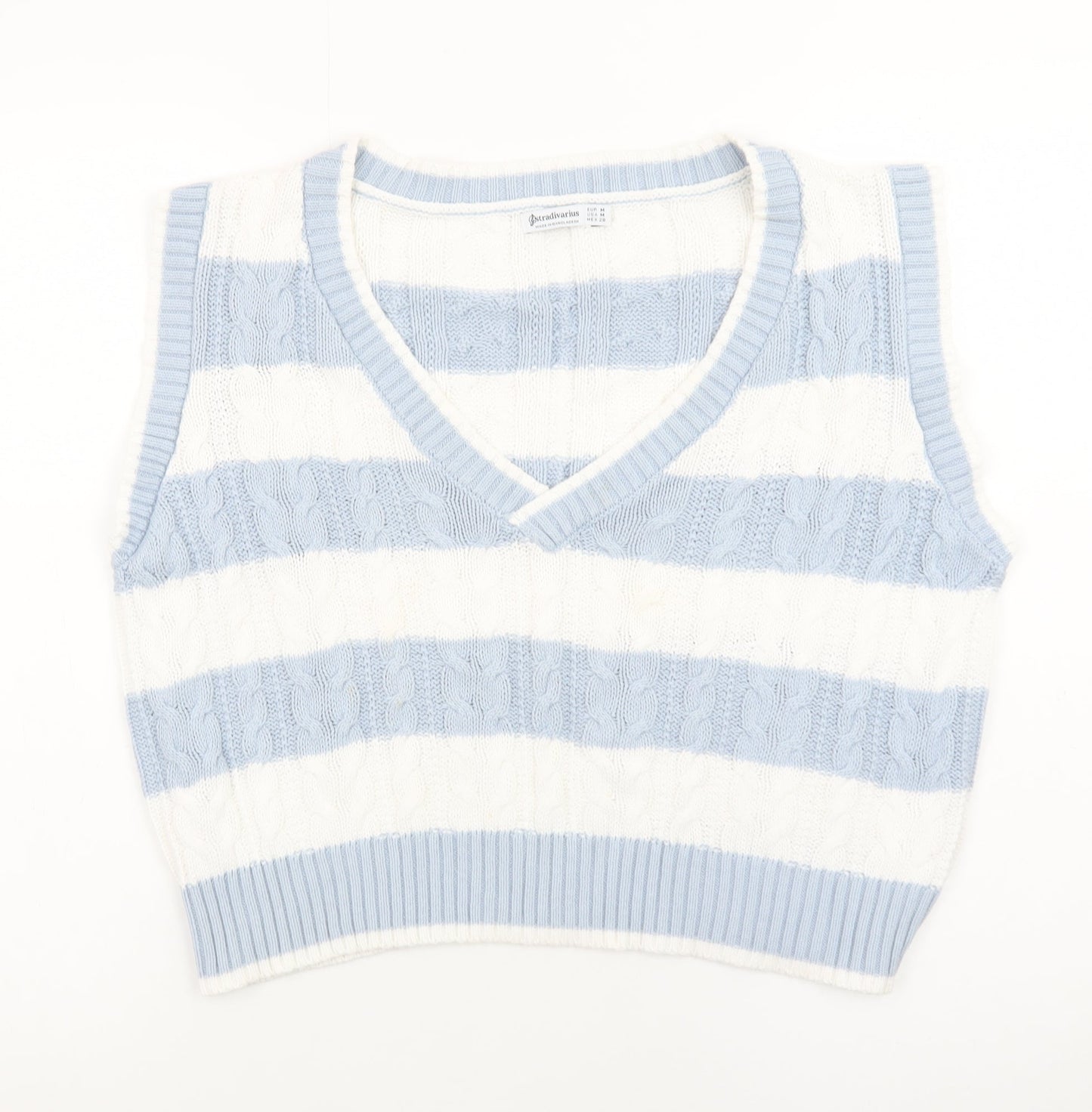 Stradivarius Womens Blue White Striped Cable Knit V-Neck Vest Size 12