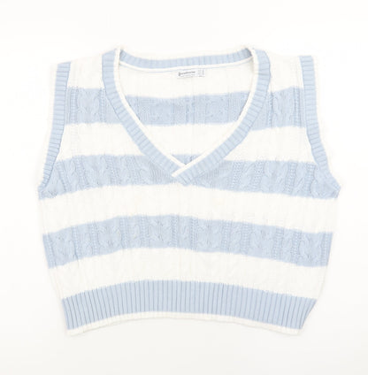 Stradivarius Womens Blue White Striped Cable Knit V-Neck Vest Size 12
