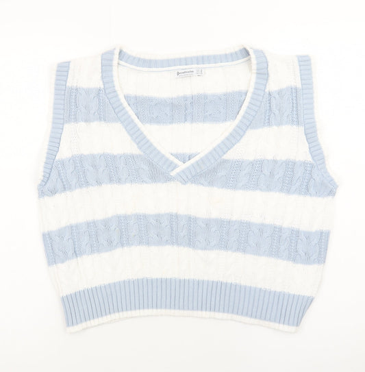 Stradivarius Womens Blue White Striped Cable Knit V-Neck Vest Size 12