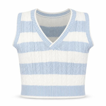 Stradivarius Womens Blue White Striped Cable Knit V-Neck Vest Size 12