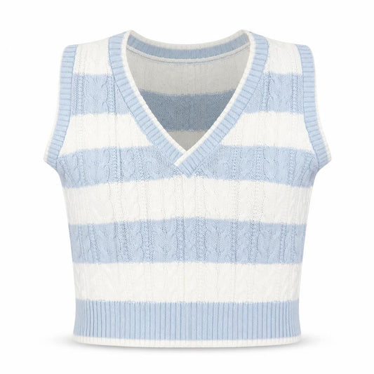 Stradivarius Womens Blue White Striped Cable Knit V-Neck Vest Size 12