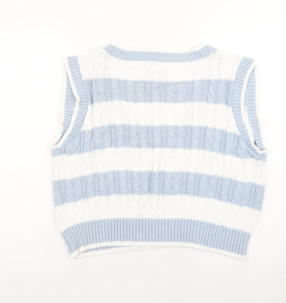 Stradivarius Womens Blue White Striped Cable Knit V-Neck Vest Size 12