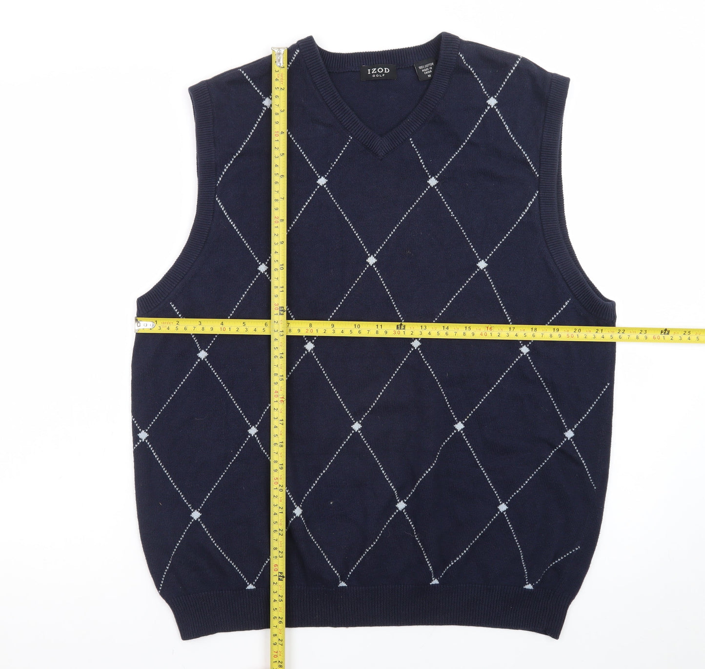 IZOD Men’s Blue Argyle V-Neck Golf Sweater Vest Size M Cotton