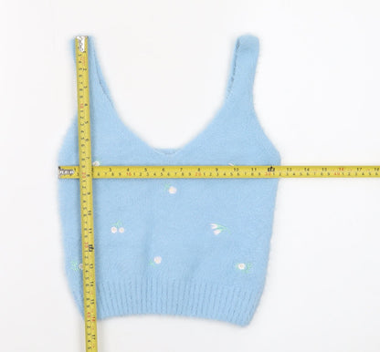 New Look Women Blue Floral Knit V-Neck Vest Jumper Size M