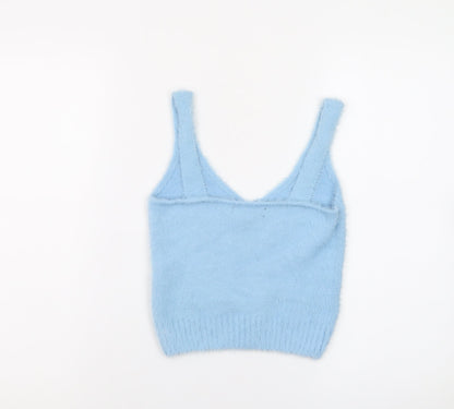New Look Women Blue Floral Knit V-Neck Vest Jumper Size M