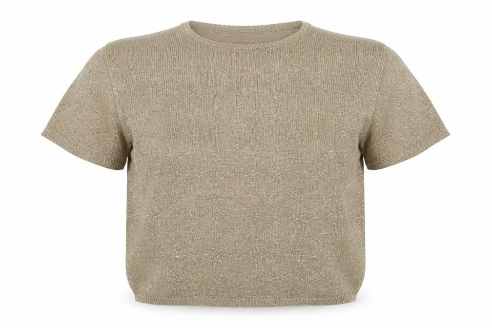 Colleen's Collectables Women's Beige Metallic Knit Short Sleeve Jumper Size S