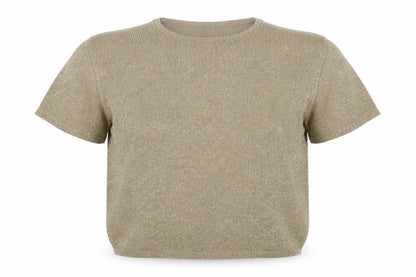 Colleen's Collectables Women's Beige Metallic Knit Short Sleeve Jumper Size S