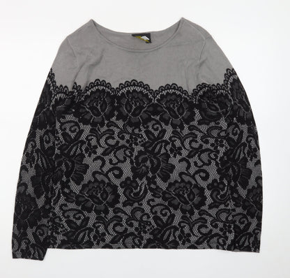 Bob Mackie Women Grey Lace Floral Pullover Jumper Size M