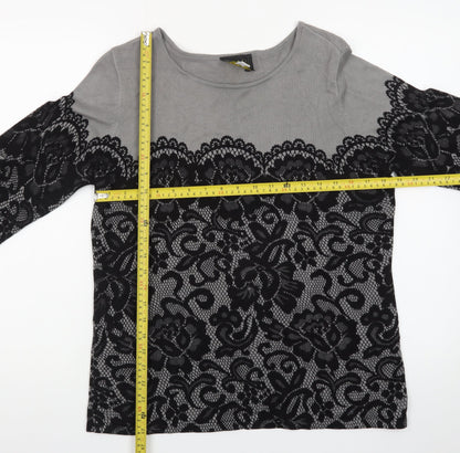 Bob Mackie Women Grey Lace Floral Pullover Jumper Size M