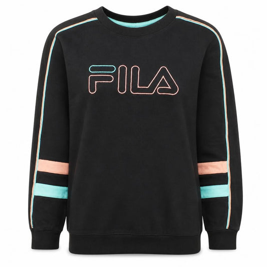 Front view of Fila women’s black xs pullover sweatshirt with logo embroidery