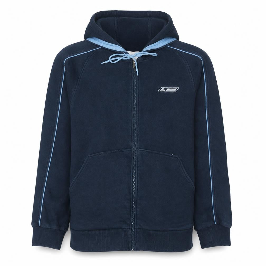 Front view of adidas Men's Blue Full Zip Fleece Hoodie, size L, Sportswear