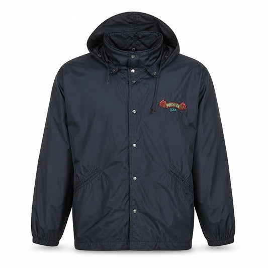 Affiniti Mens Blue Hooded Windbreaker Jacket L Nylon Embroidered 90s Style