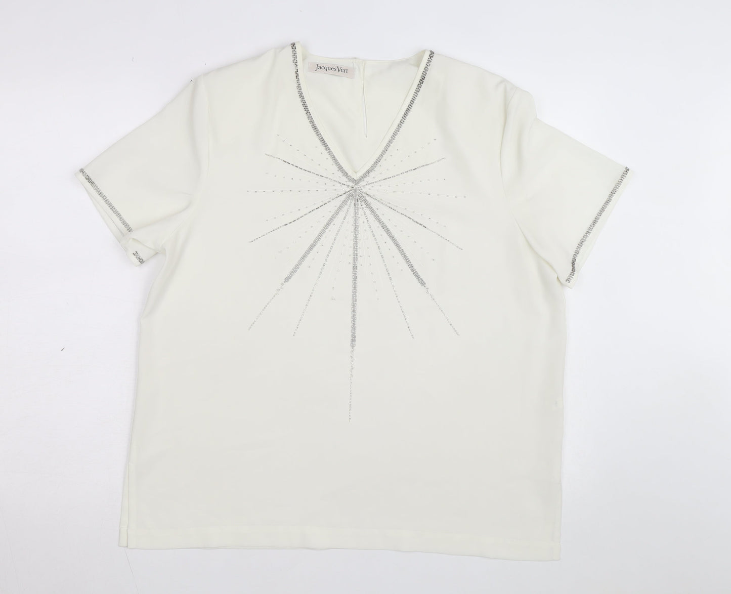Jacques Vert Women's Ivory Beaded V-Neck Short Sleeve Blouse Size 16
