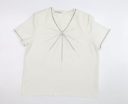 Jacques Vert Women's Ivory Beaded V-Neck Short Sleeve Blouse Size 16