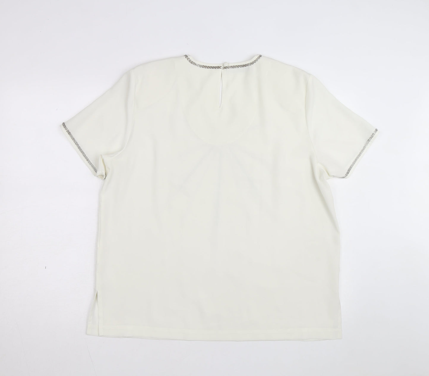 Jacques Vert Women's Ivory Beaded V-Neck Short Sleeve Blouse Size 16