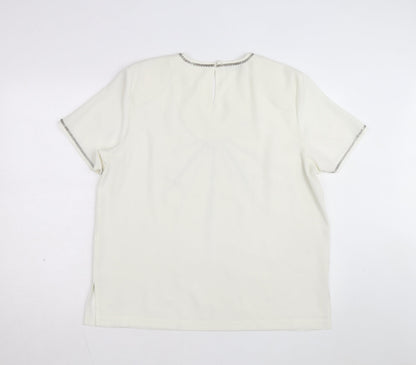 Jacques Vert Women's Ivory Beaded V-Neck Short Sleeve Blouse Size 16