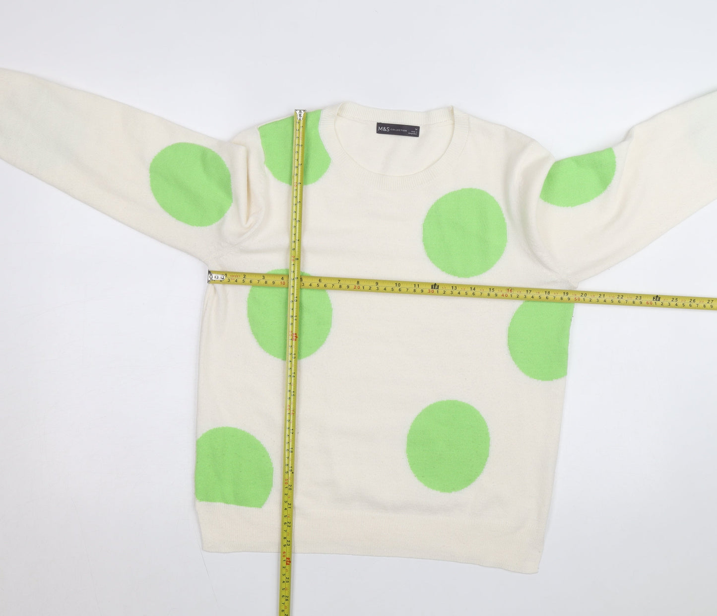 Marks and Spencer Women Ivory Green Polka Dot Cotton Jumper Size 14