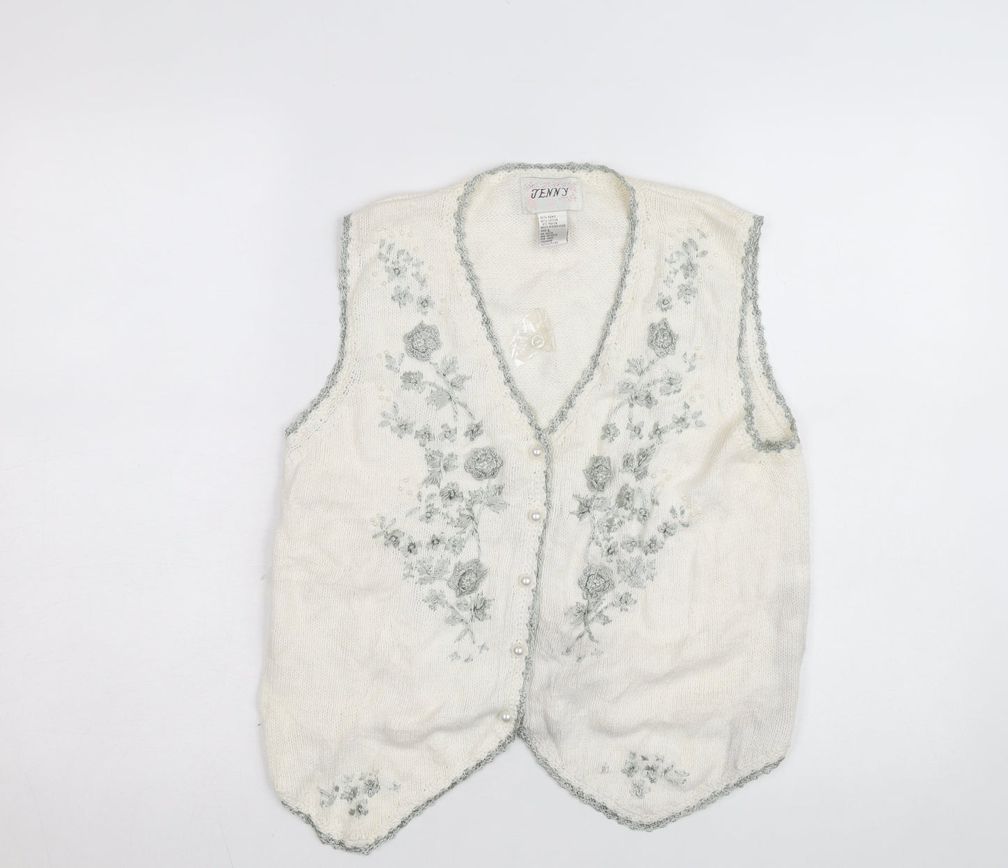 Jenny Womens Ivory Floral Embroidered Knit Vest Size L