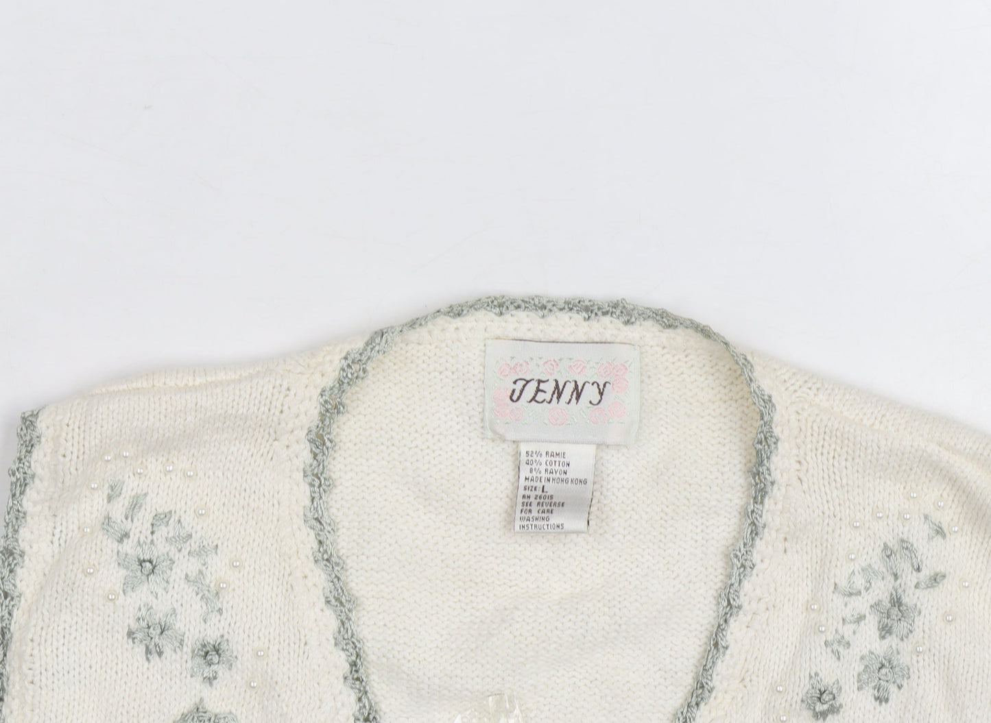 Jenny Womens Ivory Floral Embroidered Knit Vest Size L