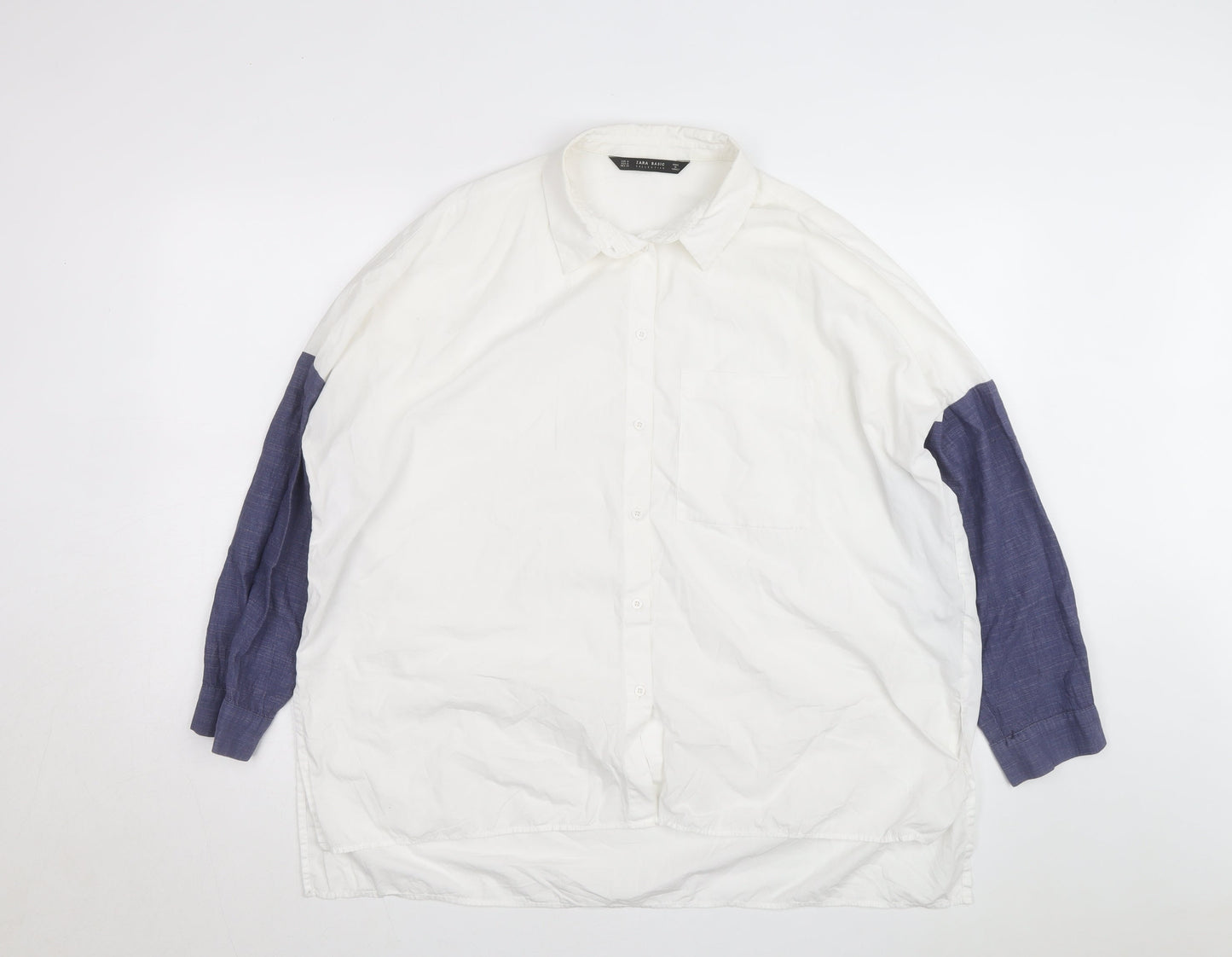 Zara Men White & Blue Colourblock Cotton Long Sleeve Shirt Size M