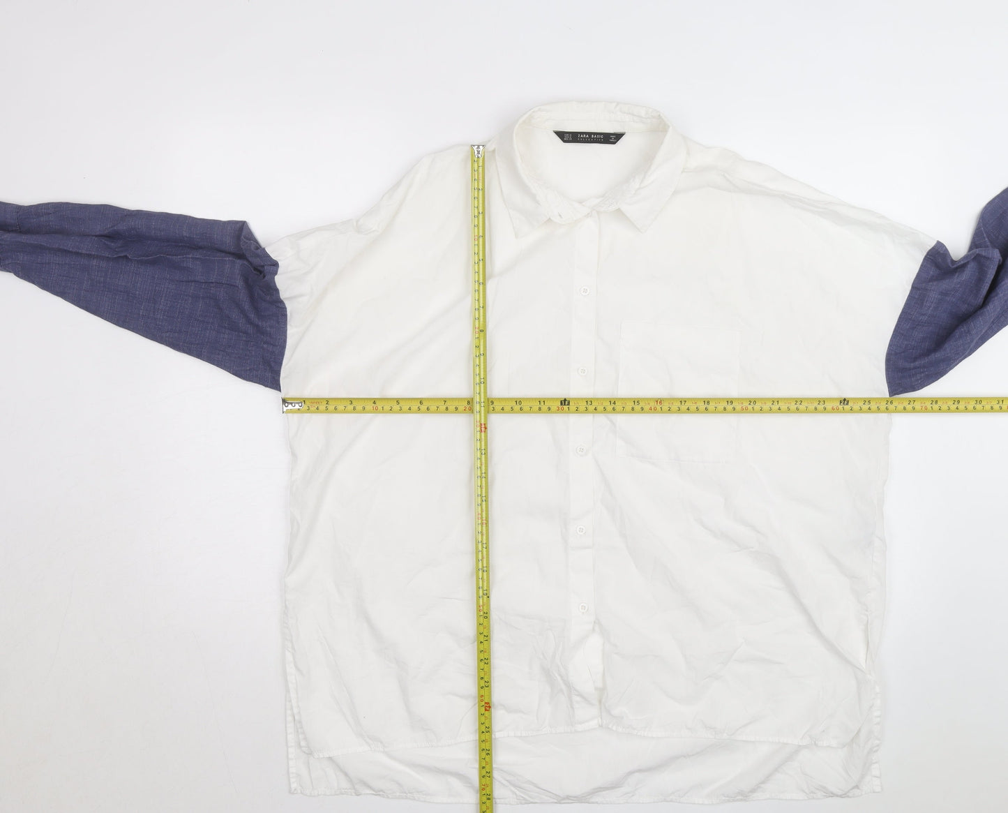 Zara Men White & Blue Colourblock Cotton Long Sleeve Shirt Size M