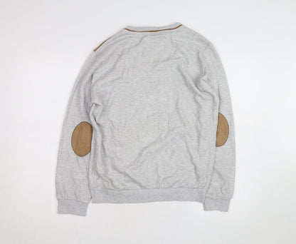 Marcostar Men's Grey Cotton Pullover Jumper L With Elbow Patches