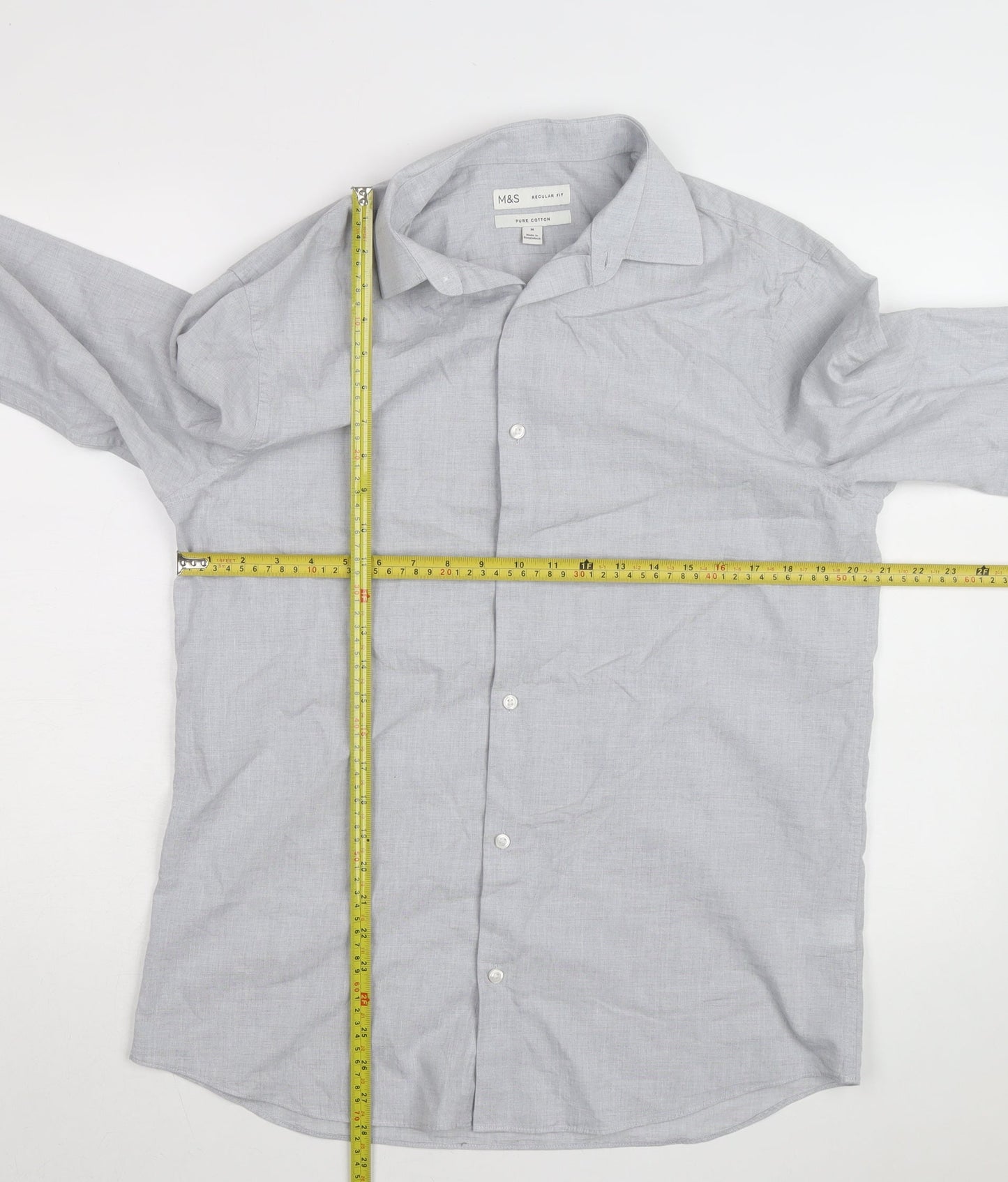 Marks and Spencer Men's Grey Regular Fit Pure Cotton Long Sleeve Shirt M