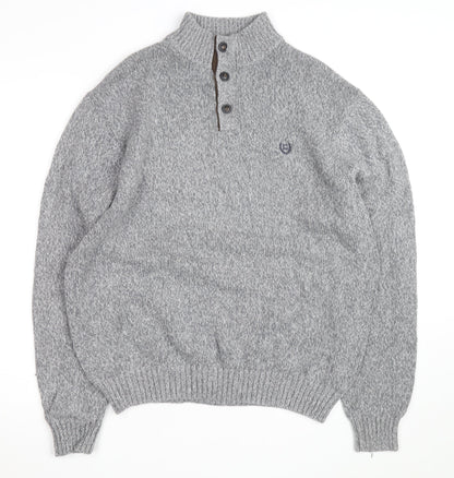 Chaps Men's Grey XL Henley Knit Jumper with Suede Elbow Patches