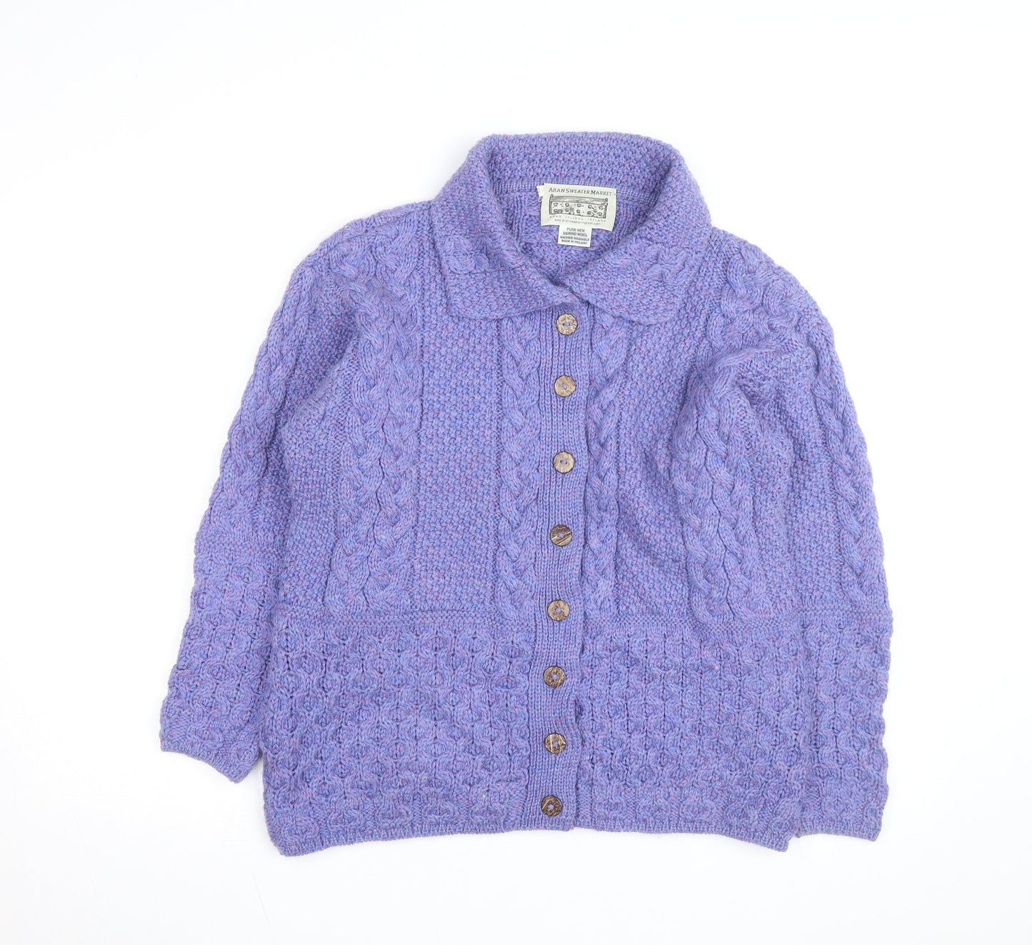Aran Sweater Market Womens Purple Merino Wool Cable Knit Cardigan S