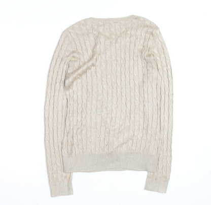Talbots Women Beige Cable-Knit Crew Neck Jumper Medium