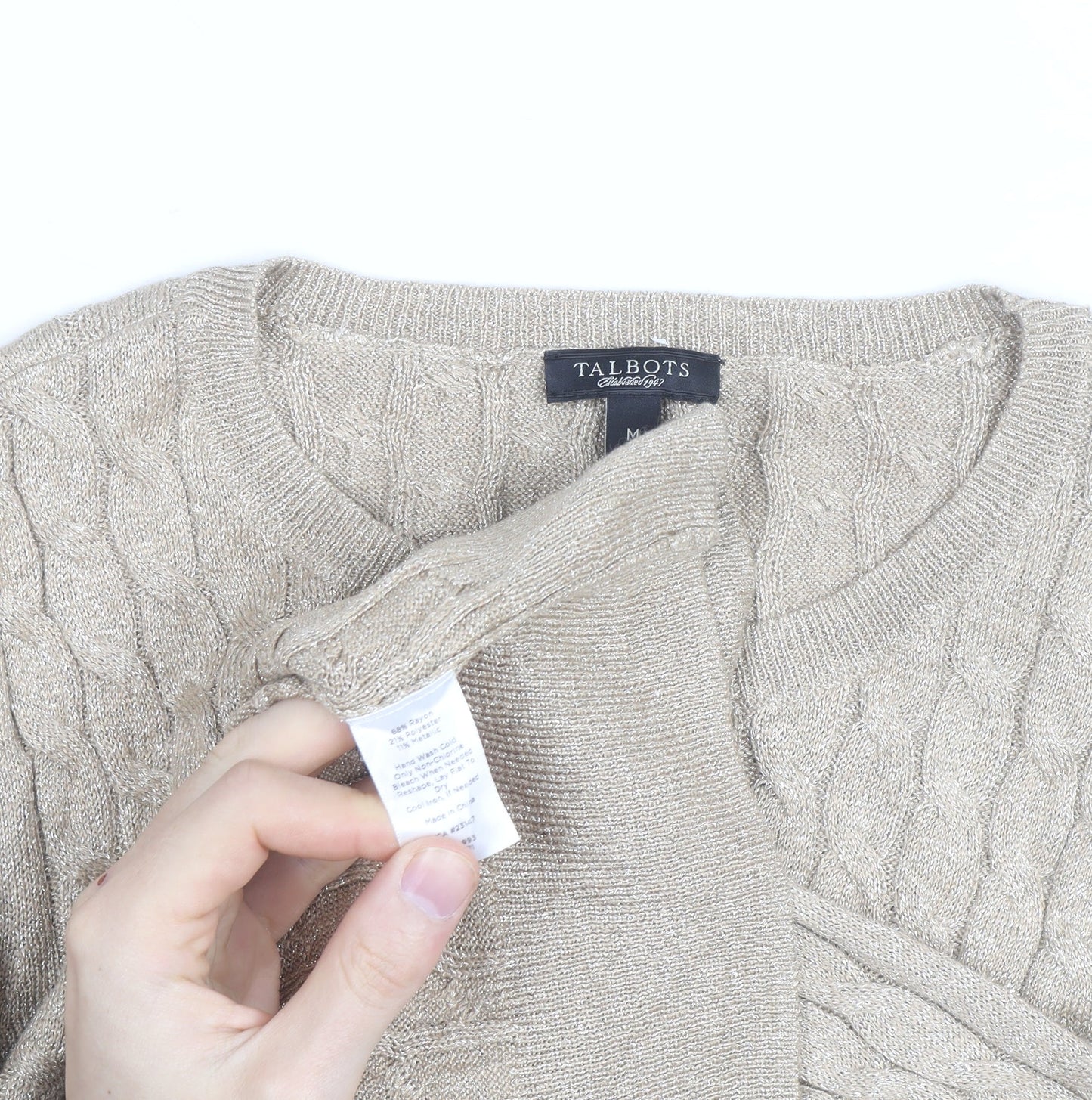 Talbots Women Beige Cable-Knit Crew Neck Jumper Medium